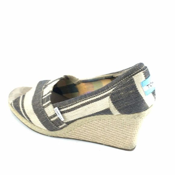 Toms Peep Toe Cork Wedges 6.5W Canvas Geometric Pattern Open Toe - Picture 3 of 11